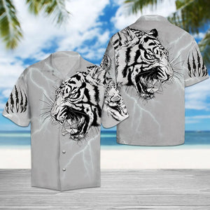 Strong White Tiger Roaring In Grey Hawaiian Shirt,Hawaiian Shirt Gift, Christmas Gift