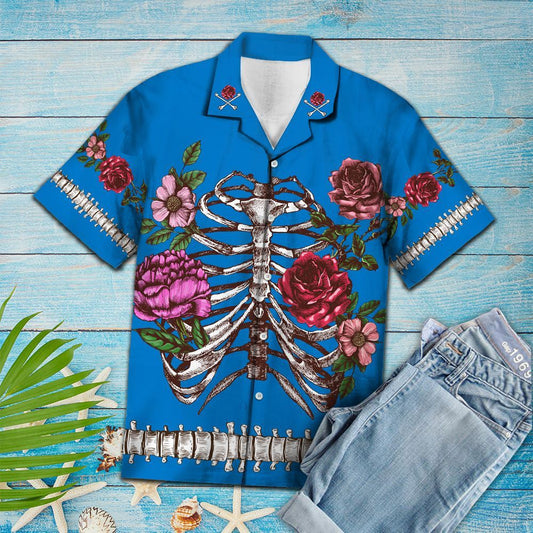 The Beauty Of Blooming Skeleton Blue Pattern Hawaiian Shirt, Hawaiian Shirt Gift, Christmas Gift