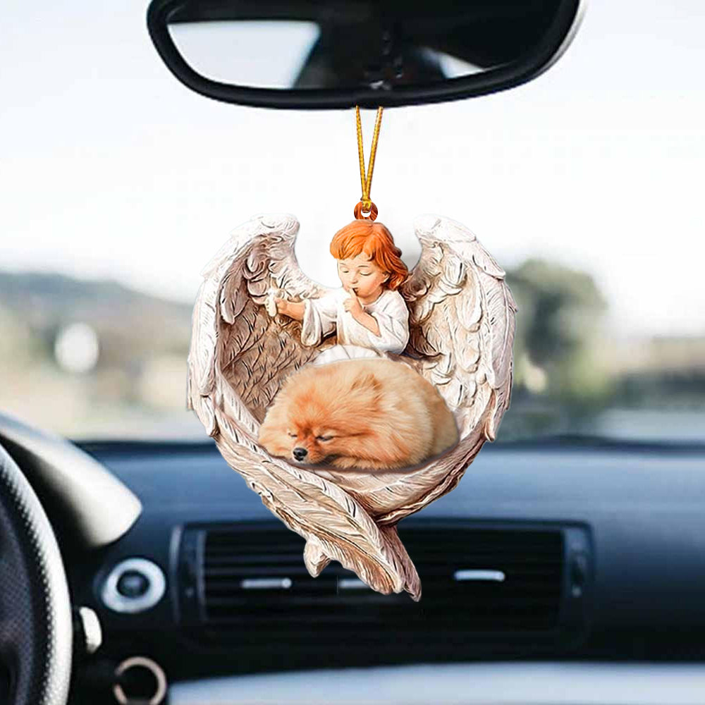 Sleeping Pomeranian Protected By Angel Acrylic Hanging Ornament For Car Home ,Christmas Gift,Christmas Decoration