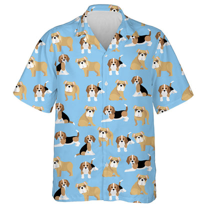 Bulldog And Beagle On Blue Background Hawaiian Shirt, Hawaiian For Gift