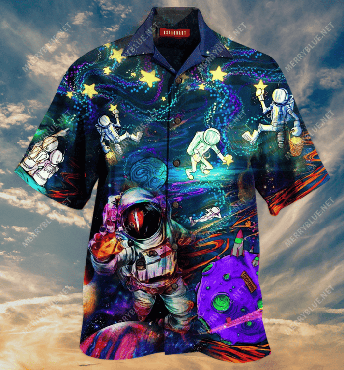 Amazing Astronauts In The Galaxy Unisex Hawaiian Aloha Shirt Hawaiian Shorts Beach Short Sleeve, Hawaiian Shirt Gift, Christmas Gift