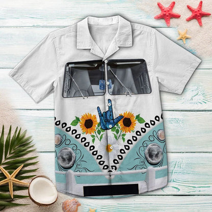 Hippie Hand Sign Language Sunflower Van Pattern Hawaiian Shirt, Hawaiian Shirt Gift, Christmas Gift