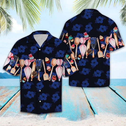 Baking Items On Black And Navy Hibiscus Pattern Hawaiian Shirt, Hawaiian Shirt Gift, Christmas Gift
