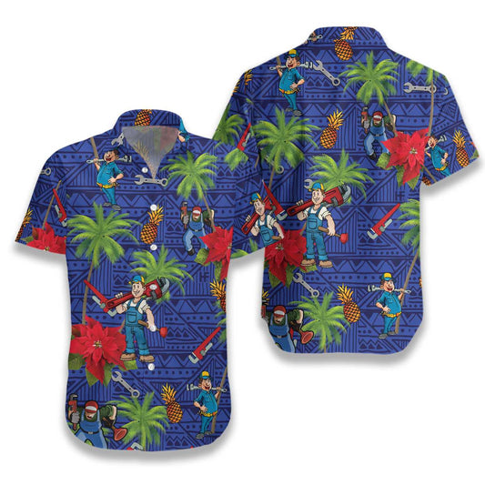 Plumber Proud Beautiful Blue Geometric Pattern Hawaiian Shirt,Hawaiian Shirt Gift, Christmas Gift