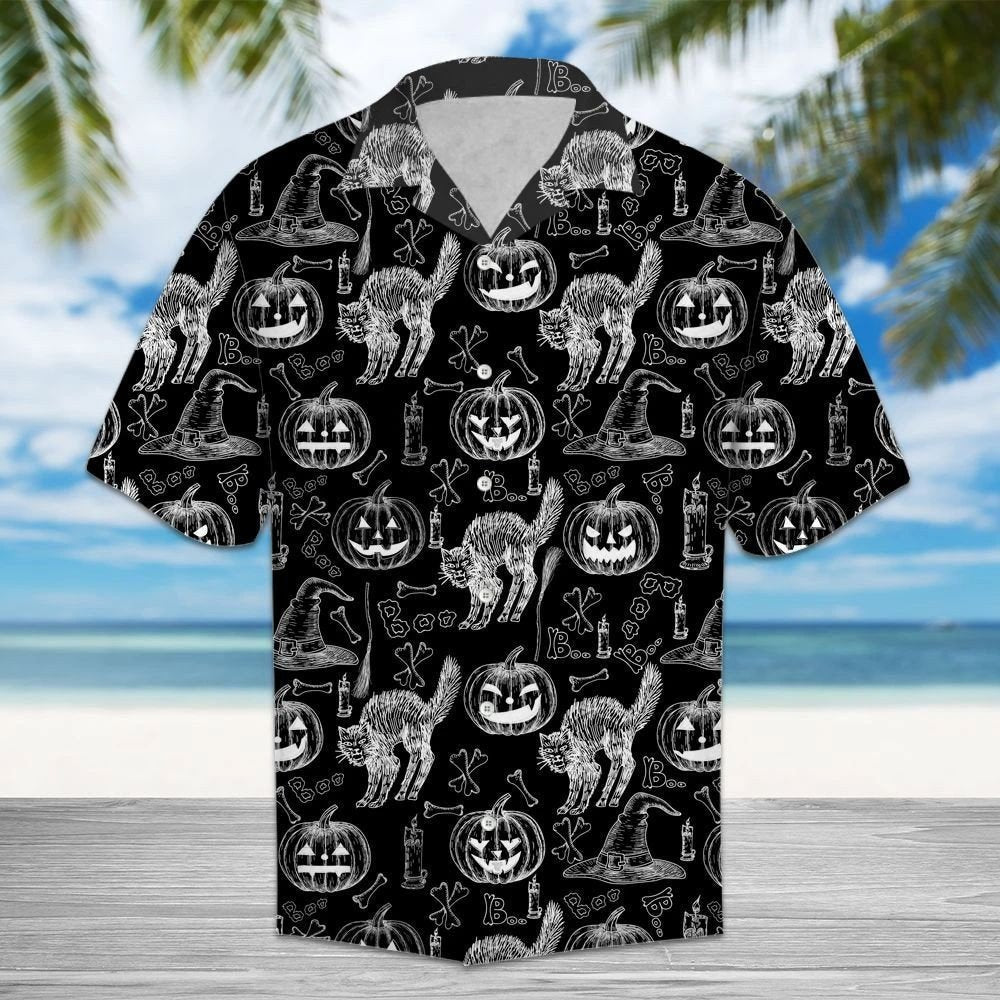 Halloween White Cat And Pumpkin Faces In Black Hawaiian Shirt, Hawaiian Shirt Gift, Christmas Gift