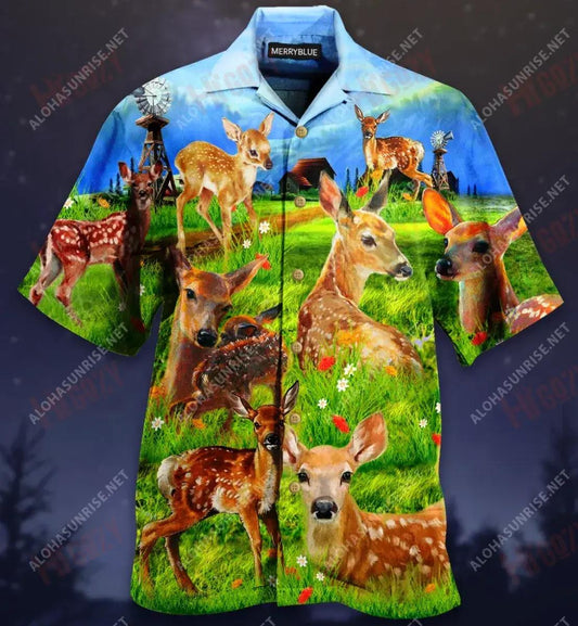 Deers On The Grass Filed Unisex Hawaiian Shirt Hobbies Short Sleeve Best Hawaiian Shirts Funny Hawaiian Shirt, Hawaiian Shirt Gift, Christmas Gift