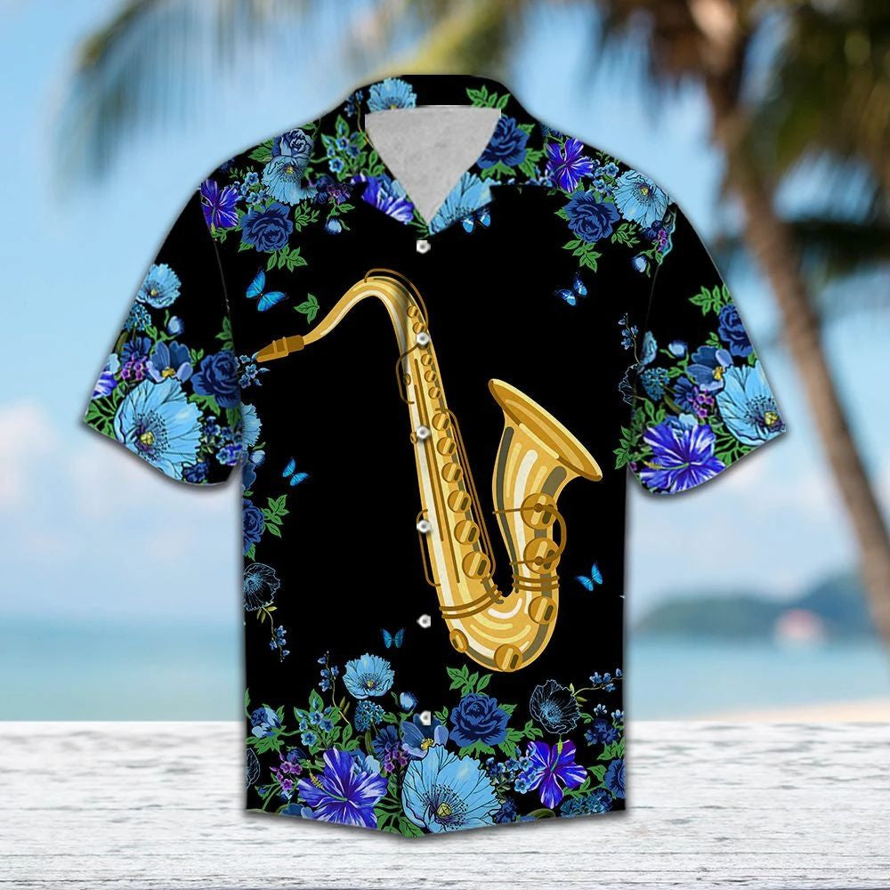 Blue Flower Frame Cover Saxophone On Black Pattern Hawaiian Shirt, Hawaiian Shirt Gift, Christmas Gift