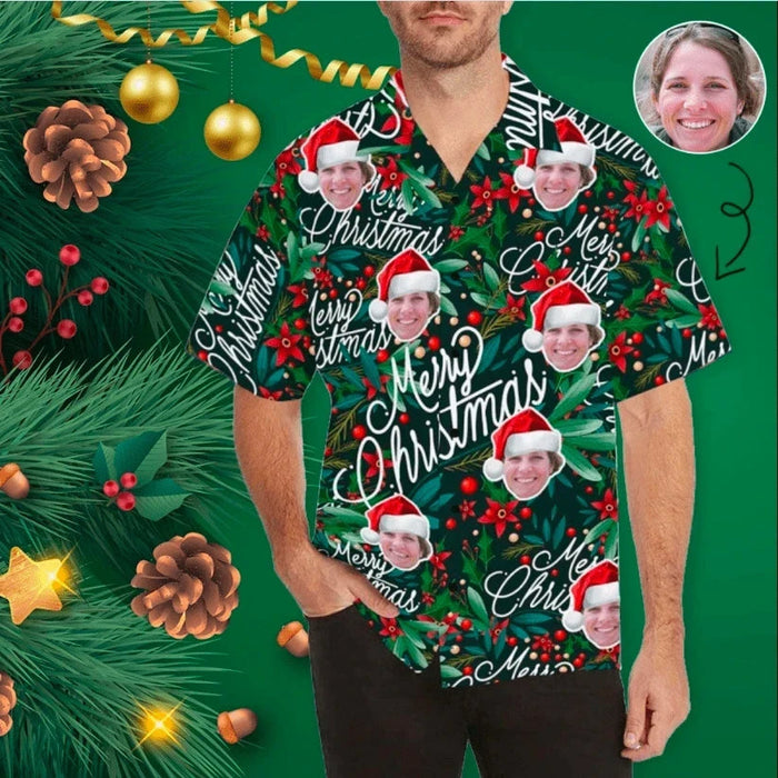 Custom Photo Merry Christmas Santa Claus Green Hawaiian Shirt, Hawaiian Shirt Gift, Christmas Gift.