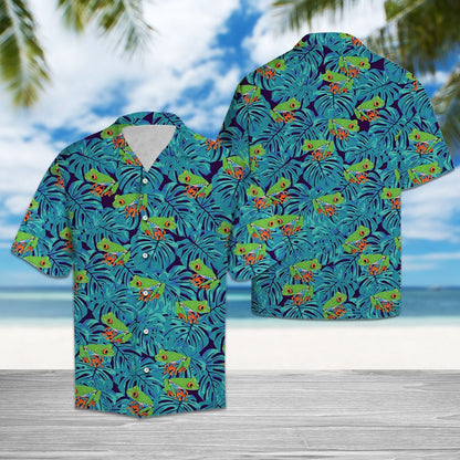 Green Frog Tropical Palm Leaves Summer Vacation Themed Hawaiian Shirt, Hawaiian Shirt Gift, Christmas Gift
