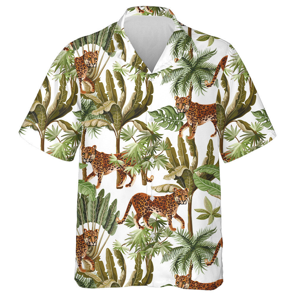 Exotic Trees And Wild Leopard On White Background Hawaiian Shirt, Hawaiian Shirt Gift, Christmas Gift
