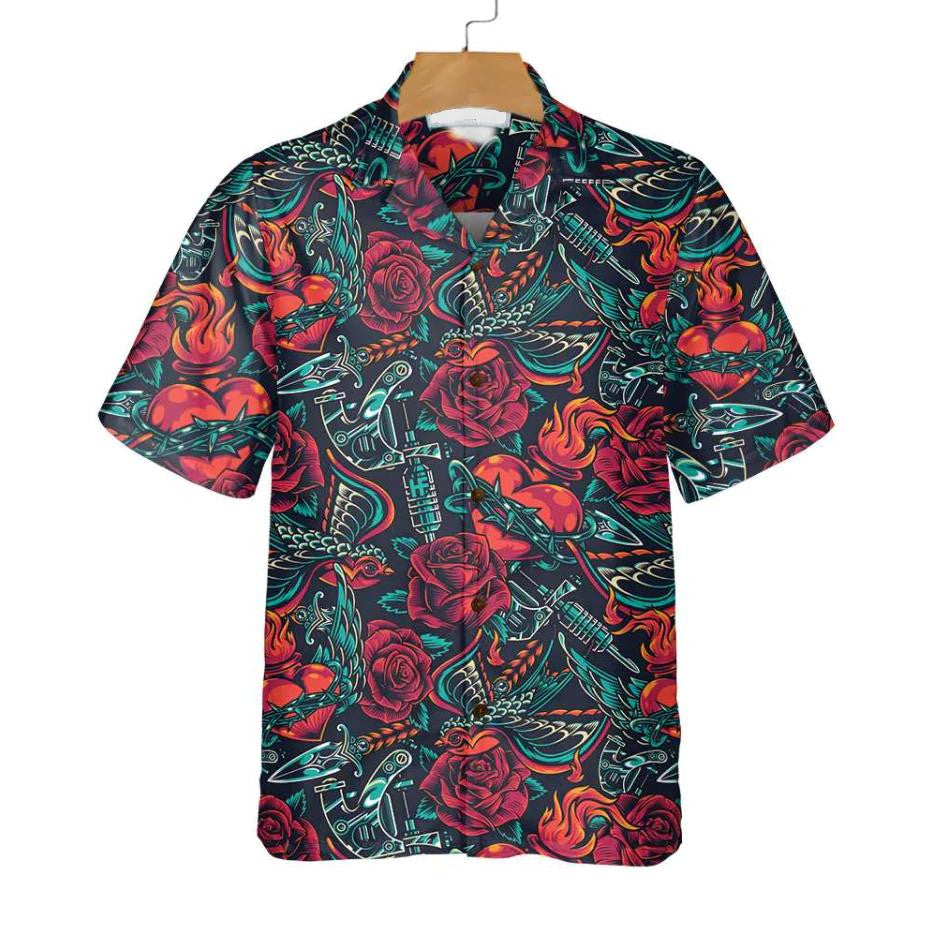 Vintage Tattoo Skull Roses Day Of The Dead Hawaiian Shirt, Hawaiian Shirt Gift, Christmas Gift