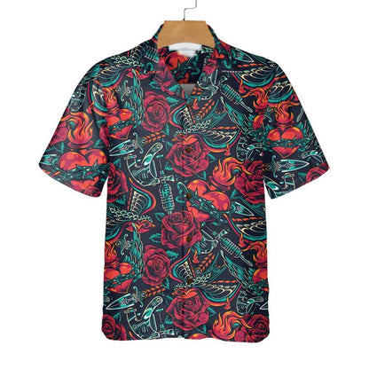 Vintage Tattoo Skull Roses Day Of The Dead Hawaiian Shirt, Hawaiian Shirt Gift, Christmas Gift