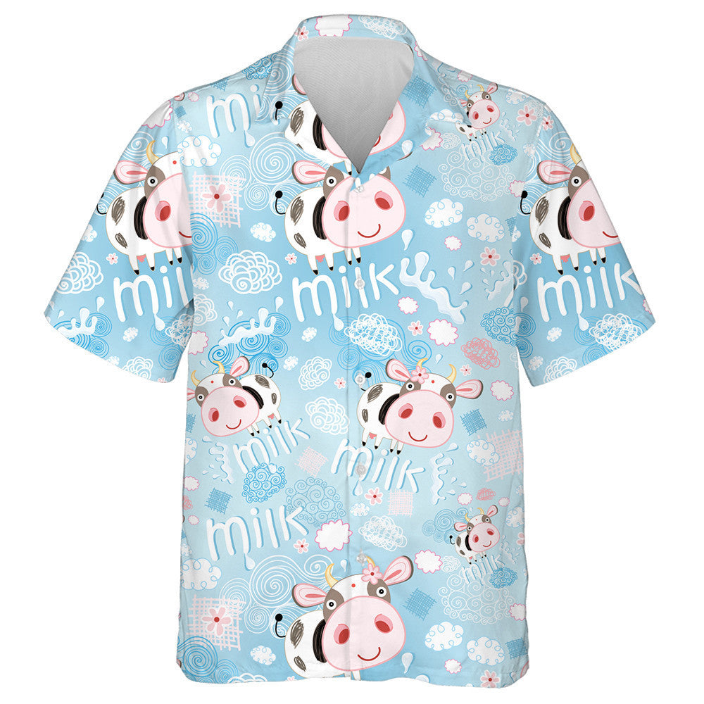 Bright Cheerful Cows And Milk On Blue Background Hawaiian Shirt, Hawaiian Shirt Gift, Christmas Gift