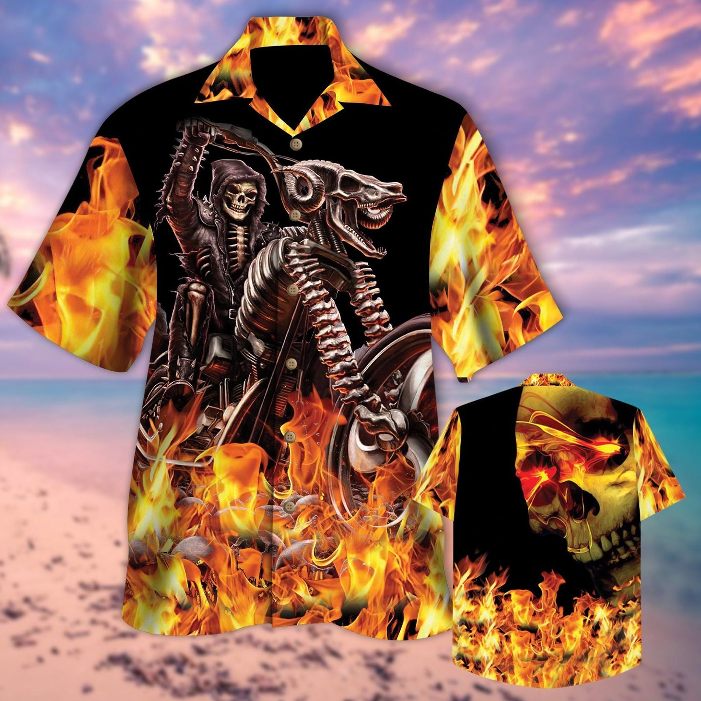 CBiker Skull in Fire Hawaiian Shirt, Hawaiian Shirt Gift, Christmas Gift