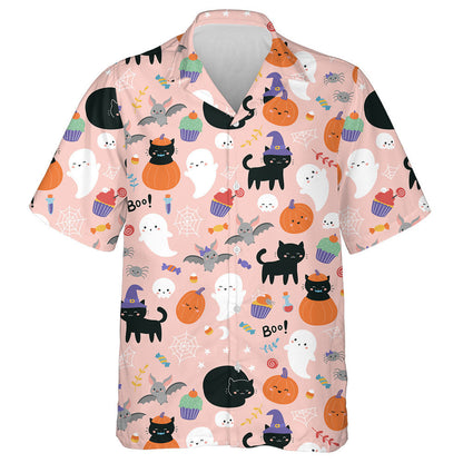 Cute Cartoon Black Cats Pumpkin And Ghosts Hawaiian Shirt, Hawaiian Shirt Gift, Christmas Gift