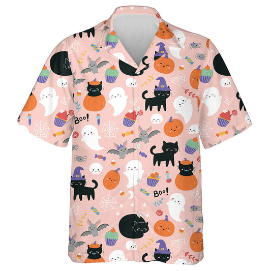 Cute Cartoon Black Cats Pumpkin And Ghosts Hawaiian Shirt, Hawaiian Shirt Gift, Christmas Gift