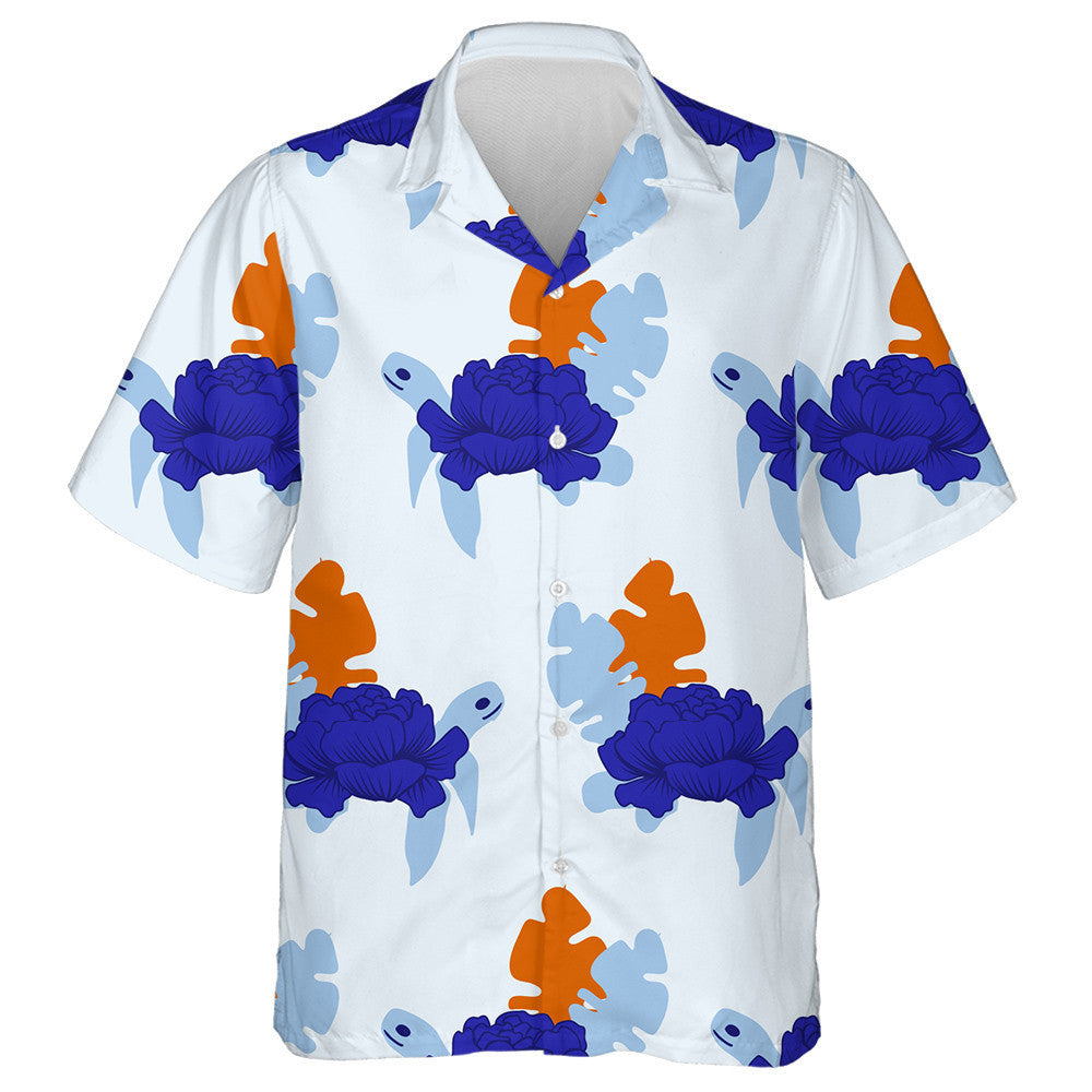 Blue Turtle And Orange And Light Blue Leaves Hawaiian Shirt, Hawaiian Shirt Gift, Christmas Gift