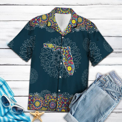 Colorful Map Of Florida Mandala On Deep Blue Themed Hawaiian Shirt, Hawaiian Shirt Gift, Christmas Gift