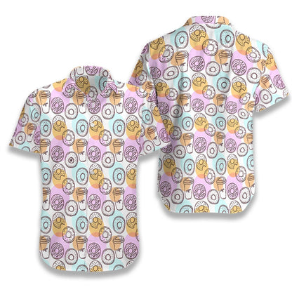 Donut And Coffee Seamless Pattern Hawaiian Aloha Shirt Hawaiian Shorts Beach Short Sleeve_Hawaiian Shirt Gift, Christmas Gift
