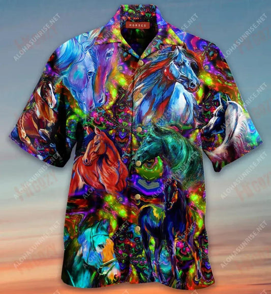 Colorful Horses Unisex Short Short Sleeve Shirt Hobbies Hawaiian T Shirts Vintage Hawaiian Shirts Hawaiian Shirts For Men, Hawaiian Shirt Gift, Christmas Gift