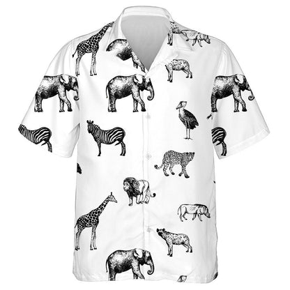 Sketch Style Wild Animals White Background Pattern Hawaiian Shirt, Hawaiian Shirt Gift, Christmas Gift
