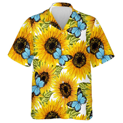 Artistic Blue Butterflies And Sunflowers Artwork Pattern Hawaiian Shirt, Hawaiian Shirt Gift, Christmas Gift