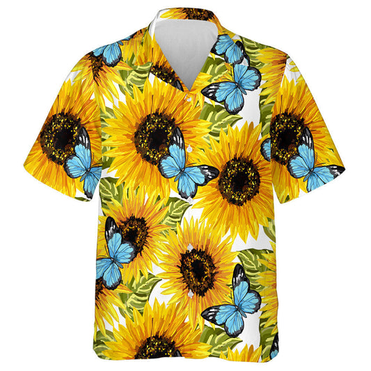 Artistic Blue Butterflies And Sunflowers Artwork Pattern Hawaiian Shirt, Hawaiian Shirt Gift, Christmas Gift