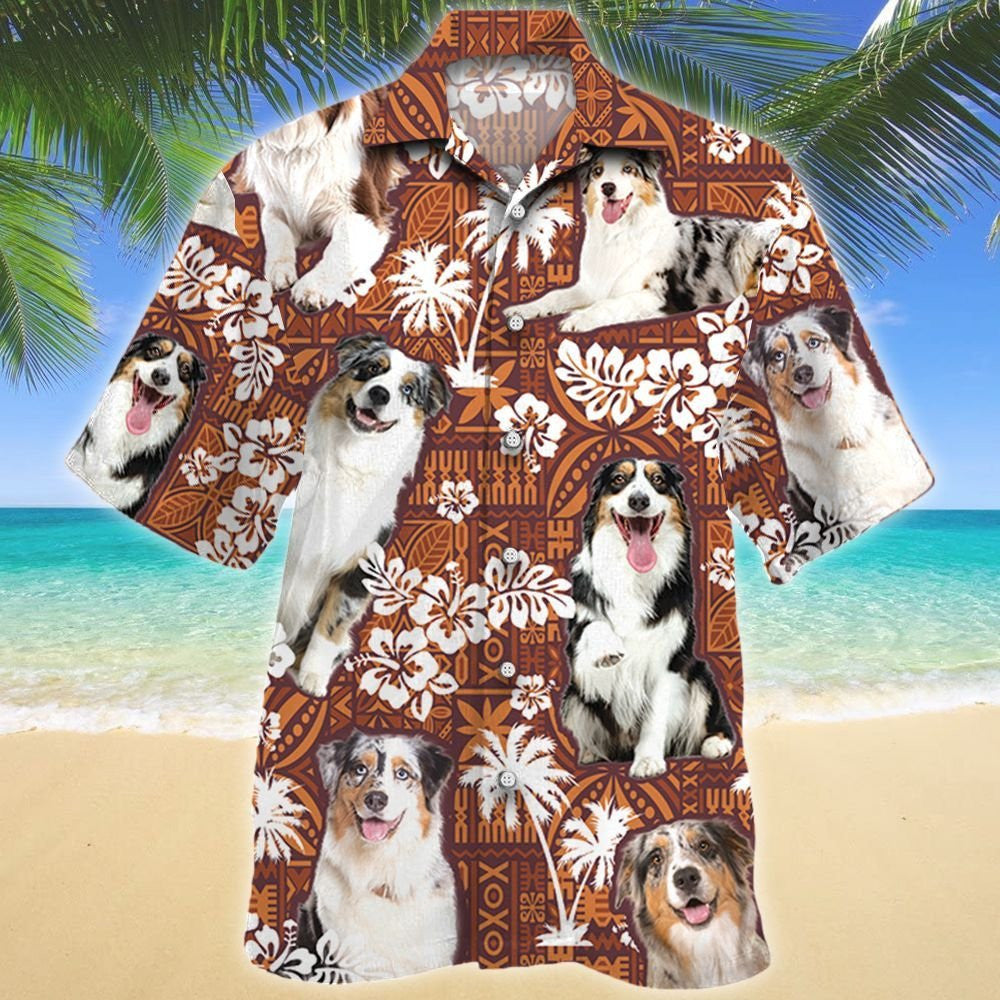 Lovely Design Australian Shepherd Dog Red Tribal Pattern Hawaiian Shirt, Hawaiian Shirt Gift, Christmas Gift