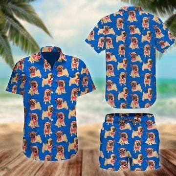 Cute Pug On Blue Background Design Hawaiian Shirt,Hawaiian Shirt Gift, Christmas Gift