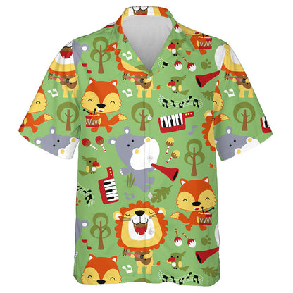 Funny Lion Hippo And Fox Playing Music Instrument Hawaiian Shirt, Hawaiian Shirt Gift, Christmas Gift