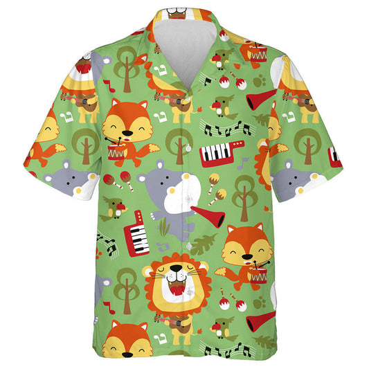 Funny Lion Hippo And Fox Playing Music Instrument Hawaiian Shirt, Hawaiian Shirt Gift, Christmas Gift