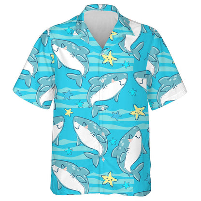 Pattern Of Cute Shark And Starfish On Blue Background Hawaiian Shirt, Hawaiian Shirt Gift, Christmas Gift