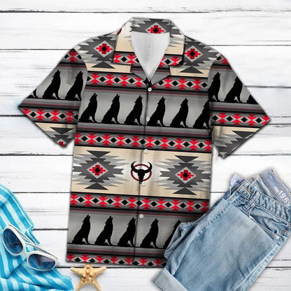 Black Howling Wolf Native American Border Pattern Hawaiian Shirt, Hawaiian Shirt Gift, Christmas Gift