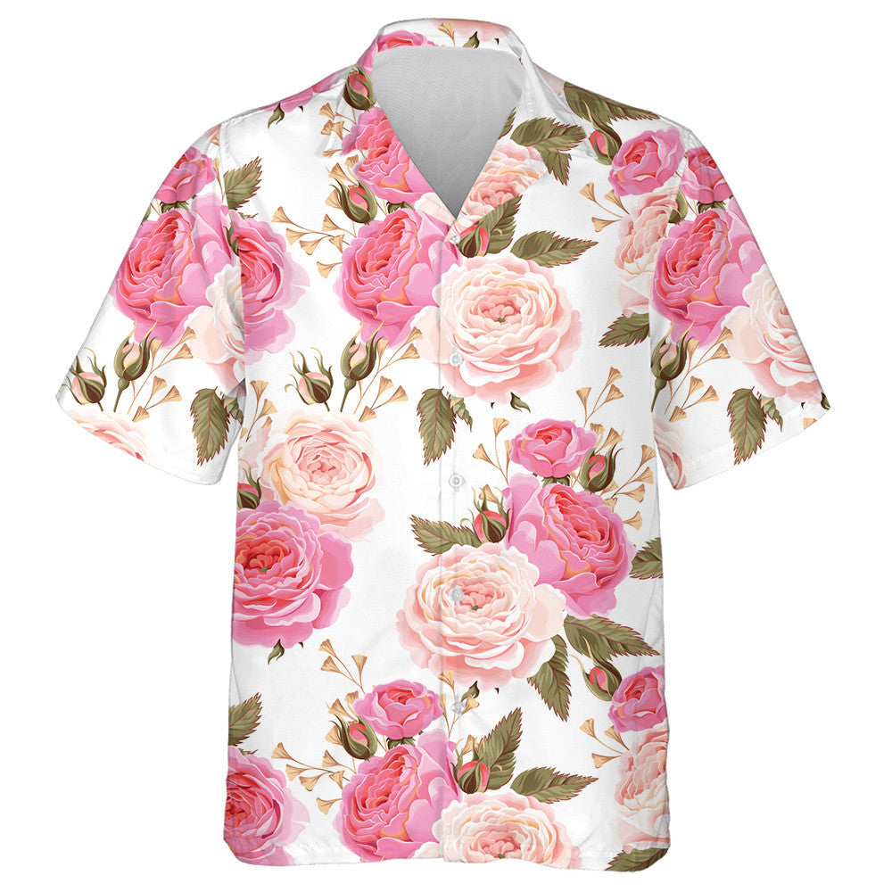 Pale Pink English Rose Branch White Theme Design Hawaiian Shirt, Hawaiian Shirt Gift, Christmas Gift