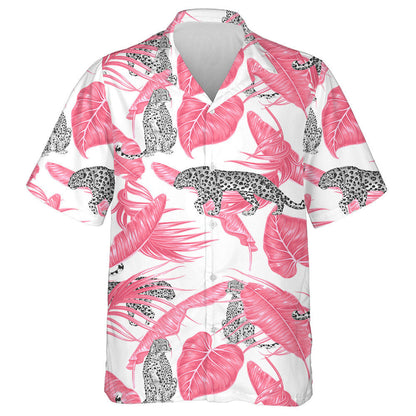 Modern Cartoon Leopard And Tropical Pink Palm Leaves Hawaiian Shirt, Hawaiian Shirt Gift, Christmas Gift