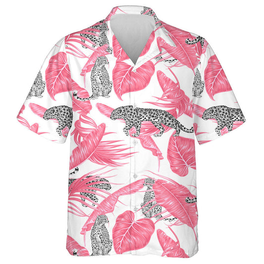 Modern Cartoon Leopard And Tropical Pink Palm Leaves Hawaiian Shirt, Hawaiian Shirt Gift, Christmas Gift