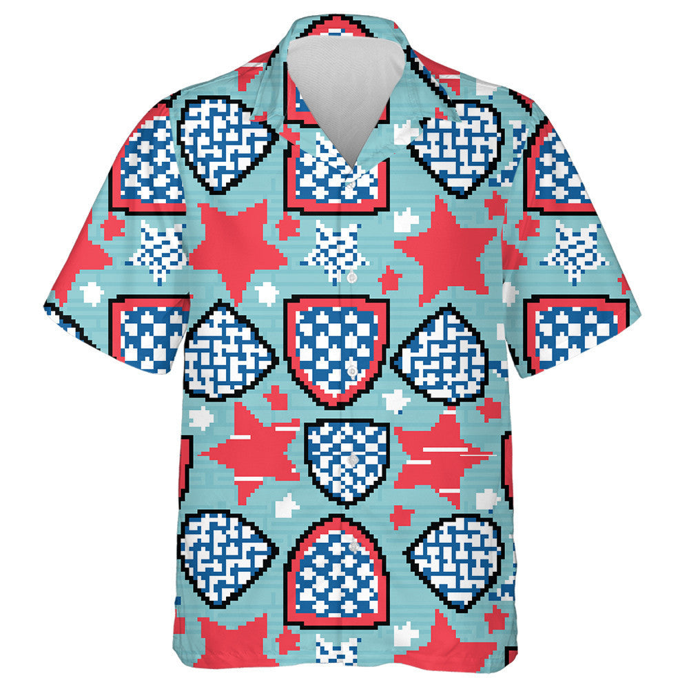 Stripes And Stars Pattern On Embroidery Shields And Stars Hawaiian Shirt, Hawaiian Shirt Gift, Christmas Gift