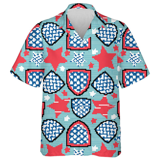 Stripes And Stars Pattern On Embroidery Shields And Stars Hawaiian Shirt, Hawaiian Shirt Gift, Christmas Gift