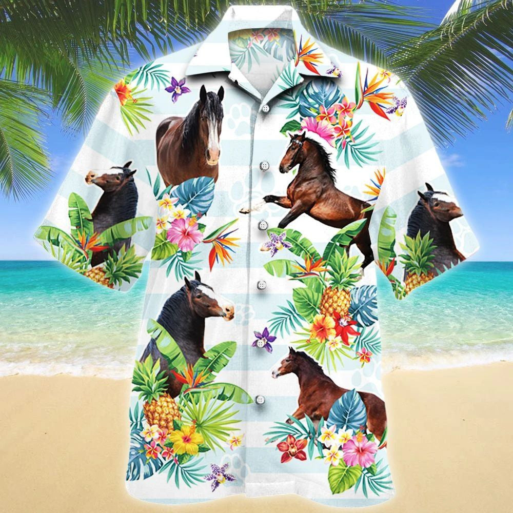 Clydesdale Horse Tropical Flower Blue And White Stripe Hawaiian Shirt, Hawaiian Shirt Gift, Christmas Gift
