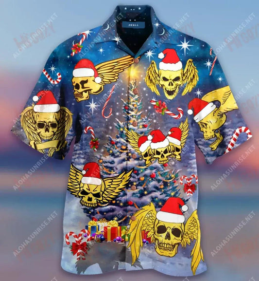 Flying Skull With Angel Wings At Christmas Short Hawaiian Shirt Hobbies Hawaiian T Shirts Tropical Shirts For Men Hawaiian Shirts For Women, Hawaiian Shirt Gift, Christmas Gift