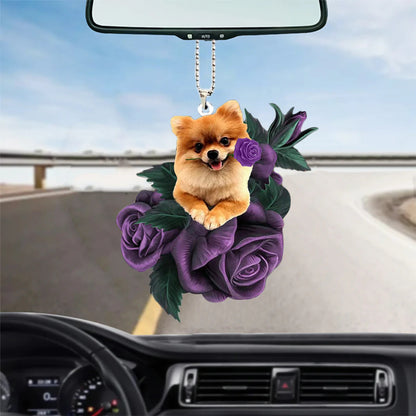 Pomeranian In Purple Rose Car Hanging Ornament, Christmas Decoration