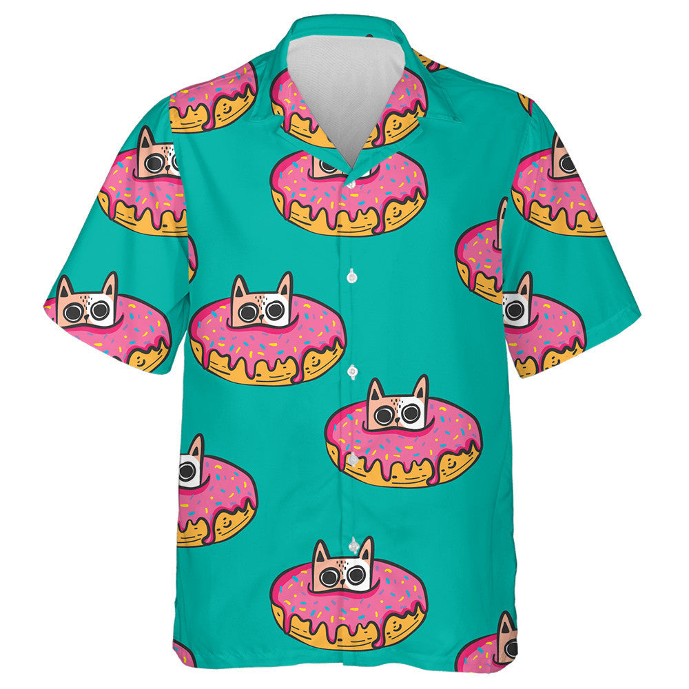 Cute Cat In The Donut On Green Hawaiian Shirt,Hawaiian Shirt Gift, Christmas Gift