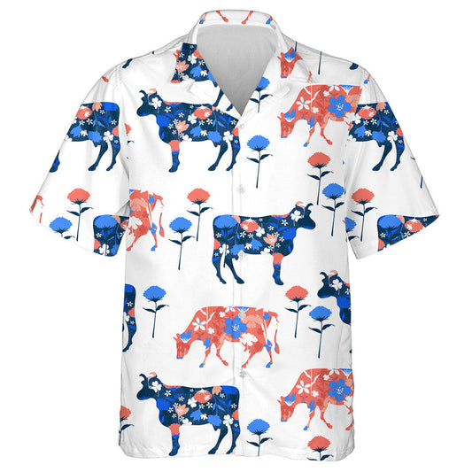 Red Flora And Cute Cows Character In Various Positions Hawaiian Shirt, Hawaiian Shirt Gift, Christmas Gift