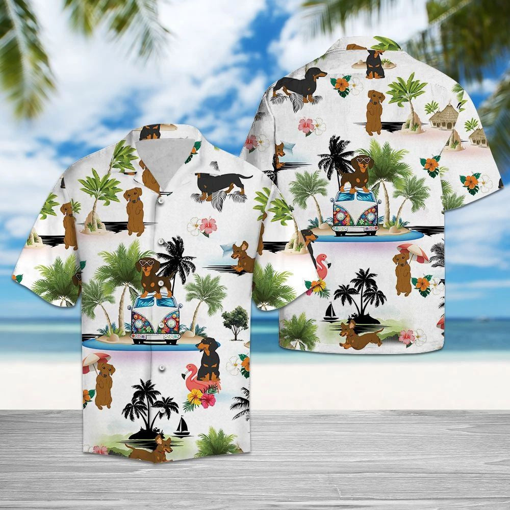 Hippie Van Dachshund Dog Enjoy The Vacation On Island Hawaiian Shirt, Hawaiian Shirt Gift, Christmas Gift