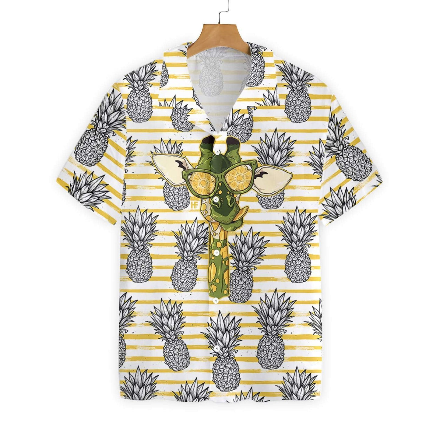 Pineapple And Cute Giraffe Yellow Horizontal Stripe Hawaiian Shirt, Hawaiian Shirt Gift, Christmas Gift