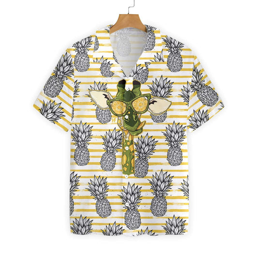 Pineapple And Cute Giraffe Yellow Horizontal Stripe Hawaiian Shirt, Hawaiian Shirt Gift, Christmas Gift