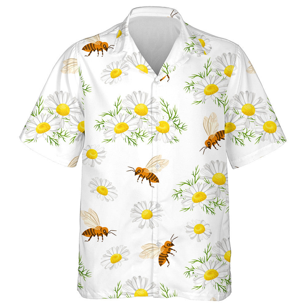 Natural Summer Bright Bees And White Camomile Flowers Hawaiian Shirt, Hawaiian Shirt Gift, Christmas Gift