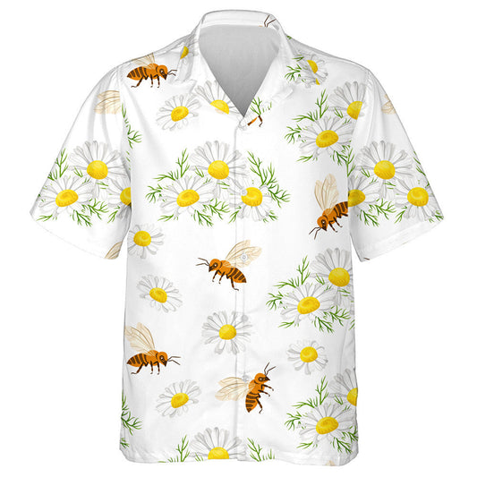 Natural Summer Bright Bees And White Camomile Flowers Hawaiian Shirt, Hawaiian Shirt Gift, Christmas Gift