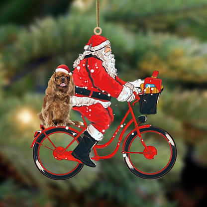 Santa Claus Riding A Bike With Cavalier King Xharles Spaniel (3)-Two Sided Ornament, Best Gift For New Car,Christmas Decoration