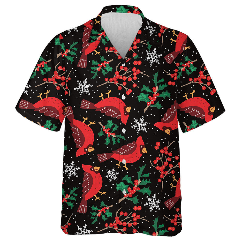 Watercolor Little Red Cardinal Bird With Holly Leaves Hawaiian Shirt, Hawaiian Shirt Gift, Christmas Gift